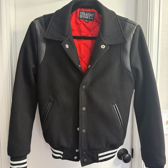 Straight To Hell Jackets & Blazers - Straight To Hell Jet Varsity/Bomber Jacket in Black w/ White Stripe - Unisex XS